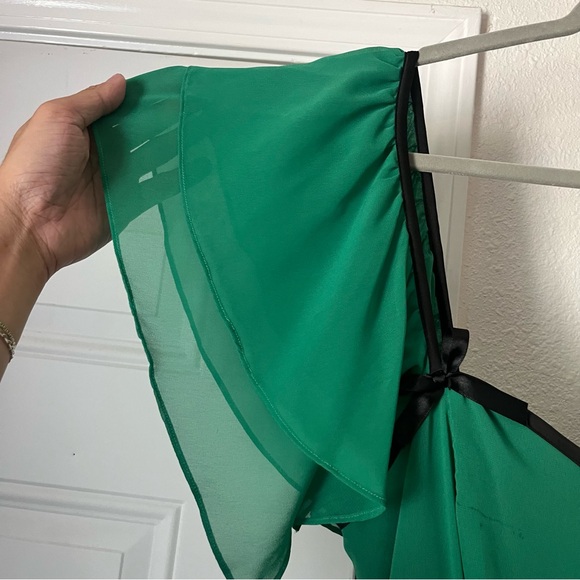Vixen by Micheline Pitt x Unique Vintage Green Flutter Sleeve Dress - L - Picture 6 of 10